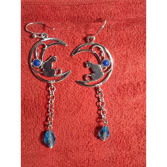 Fashion Jewelry Cat on the Moon in Silver and Blue Dangle - Picture 1 of 4